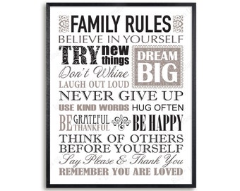 Familieregels Afdrukbare muurkunst, digitale downloadprint voor doe-het-zelfinrichting, teken familiewaarden 8 x 10, 11 x 14 en 16 x 20