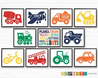Transportthema kinderkamerinrichting, AFDRUKBARE jongenskamer kunst aan de muur, Kipper graafmachine cementmixer Set van 11 8 x 10 prints voor peuterjongen