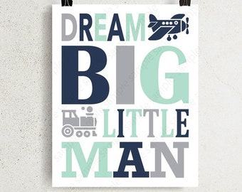 Dream Big Little Man PRINTABLE wall art for DIY boys nursery decor, kids bedroom or playroom, downloadable Mint Navy Gray play room poster
