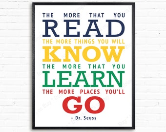 Citation de lecture du Dr Seuss pour enfants Impression d'art mural imprimable 8 x 10 11 x 14, Plus vous lisez, plus vous saurez de choses sur la décoration de chambre de garçon