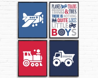Printable Boys room wall art for Transportation theme bedroom, nursery or playroom decor, set of 4 8x10 digital prints, red navy and blue