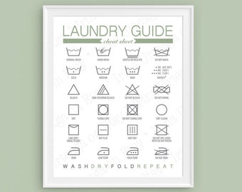 Laundry instructions PRINTABLE Wall Art, Sage Green and Gray room decor, Washing Symbols digital print, cheat sheet download poster sign