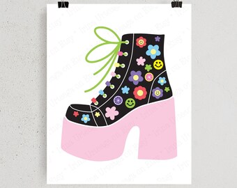 Printable floral platform print for DIY girl room decor, 8x10 11x14 16x20 Fashion theme poster, digital wall art instant download teen shoes