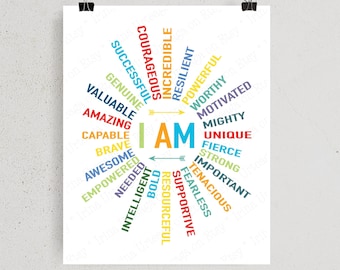 I Am - Affirmation words, PRINTABLE positive quotes for Boys Room decor, sun rays wall art, 8x10 11x14 18x24 digital print DIY kids playroom