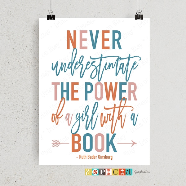 Never underestimate the power of a girl with a book, Printable quote for girls room decor, downloadable wall art print in custom colors