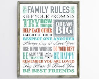 Letrero imprimible de reglas familiares, reglas de la casa, arte de pared, impresión digital, citas sobre relaciones, nuestras reglas familiares, póster inspirador de descarga instantánea