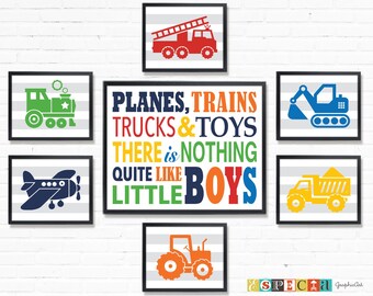 Arte mural de camiones, conjunto de 7 impresiones de transporte IMPRIMIBLES para guardería, dormitorio o sala de juegos infantil, descarga digital ZIP Jpeg