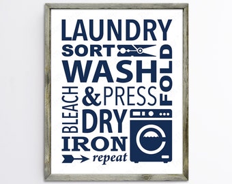 Navy blue Laundry Room Sign Printable 8x10 11x14 Wash Dry Fold Wall Art Print, Dark blue Poster for Laundry Decor instant download