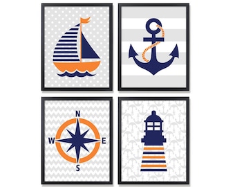 Decoración de vivero azul marino naranja, Juego de 4 impresiones digitales de 8x10, Arte de pared temático de playa náutica, Faro de brújula de ancla de velero letrero imprimible