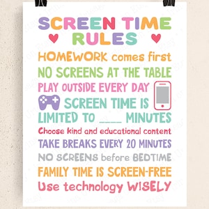 May include: A white poster with black clips at the top, featuring colorful text that reads "SCREEN TIME RULES." The poster includes rules like "Homework comes first" and "No screens before bedtime." A graphic art logo is at the bottom.
