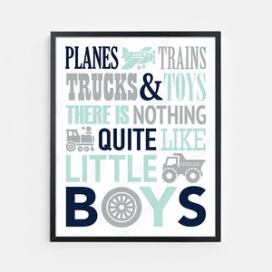 Mint Gris Marino Azul Vive guardería PRINTABLE pared Arte para niños sala de juegos o decoración de dormitorio para niños pequeños, Planes trenes camiones Cita 8x10 11x14 y 16x20