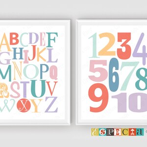 Affiche ABC, impressions numériques alphabétiques et numériques, art imprimable pour la salle de jeux ou la chambre d’enfant décor, art mural de la chambre de petite fille