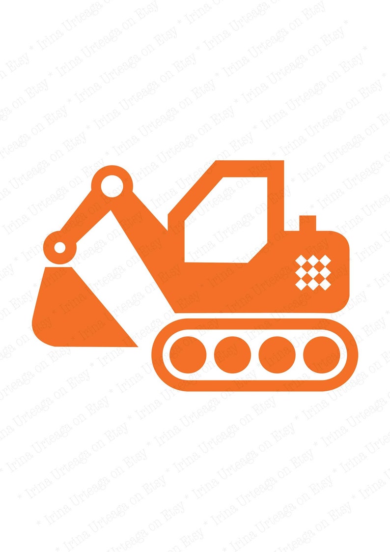 May include: Orange silhouette of a construction excavator with a bucket and tracks. The excavator is facing right.