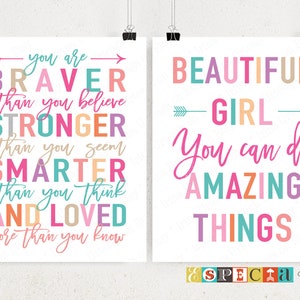 Printable wall art prints, girl room decor, You Are Braver Winnie the Pooh quote, Beautiful Girl you can do amazing things, teen girl gifts