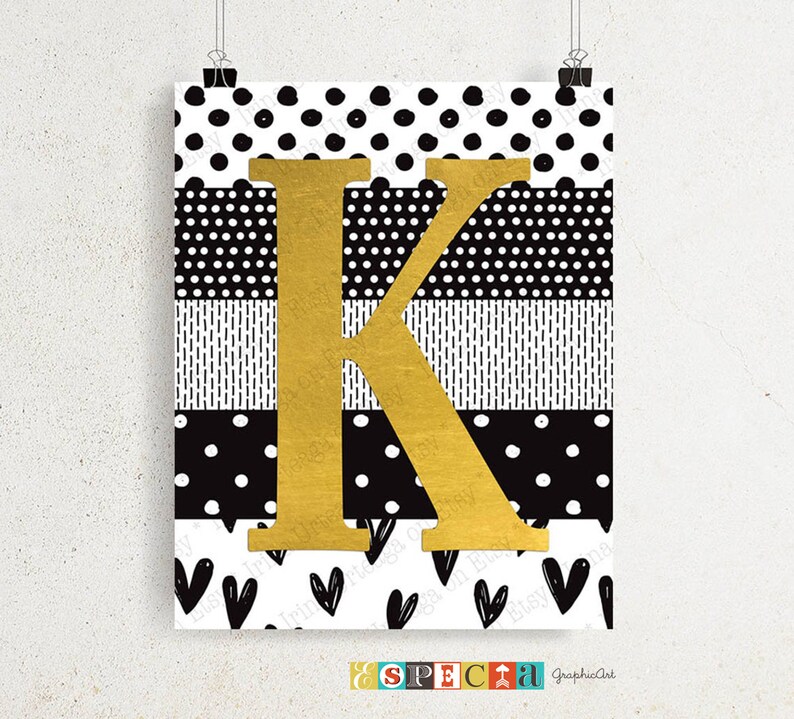Carta K Nombre signo inicial PRINTABLE arte, 8x10 11x14 monograma cartel personalizado arte, decoración de pared de papel de aluminio de imitación, amarillo mostaza y negro imagen 5
