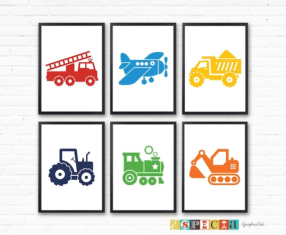 Printable Transportation art for Toddler boy room decor, kids nursery or playroom prints, Set of 6 A4 12x16 downloadable cars, boys bedroom