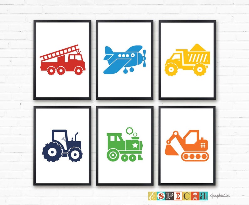 May include: Set of six printable wall art prints featuring colourful illustrations of various vehicles, including a fire engine, aeroplane, dumper truck, tractor, train, and excavator.