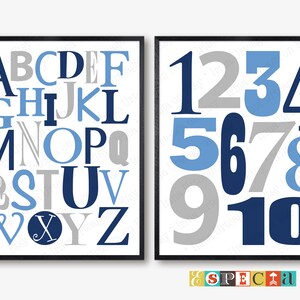 Navy blue and gray alphabet posters for Toddler boy bedroom, nursery or playroom wall decor, Digital set of 2 8x10 20x24 ABC 123 art prints