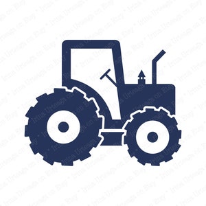 May include: A blue silhouette of a tractor with white wheels. The tractor has a single exhaust pipe and a simple design.