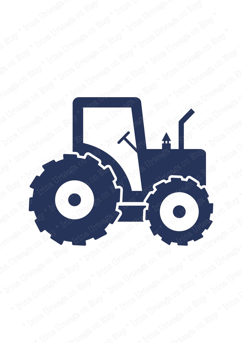 May include: A blue silhouette of a tractor with white wheels. The tractor has a single exhaust pipe and a simple design.