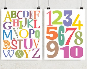 Girl Nursery Alphabet Numbers ABC 123 Arte de pared imprimible, decoración de habitación DIY Little Girl, juego de 2 carteles de 8x10 11x14 Descarga digital impresiones