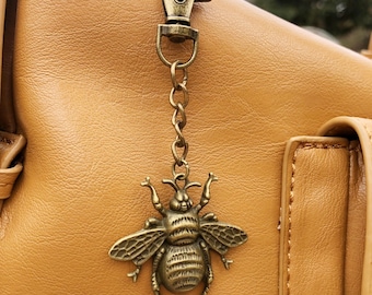 Large Bee Bag Charm Brass Tone Keychain: Bee Lover Gift, Insect Purse Charm - Antique Style Honey Bee Key Ring, Nature Lover Accessory