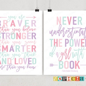 Never underestimate the power of a girl with a book, Motivational quotes Printable wall art set of 2 posters DIY room decor in pastel colors