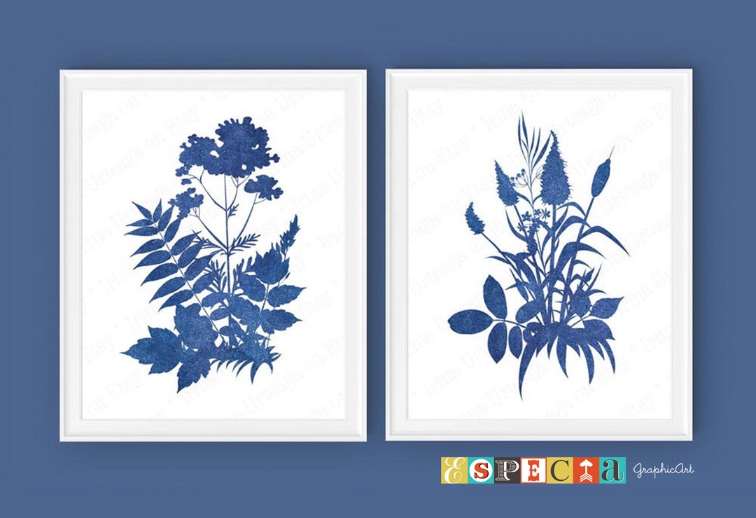 Navy Blue Botanical Prints Set of 2 Printable Wall Art Indigo Etsy