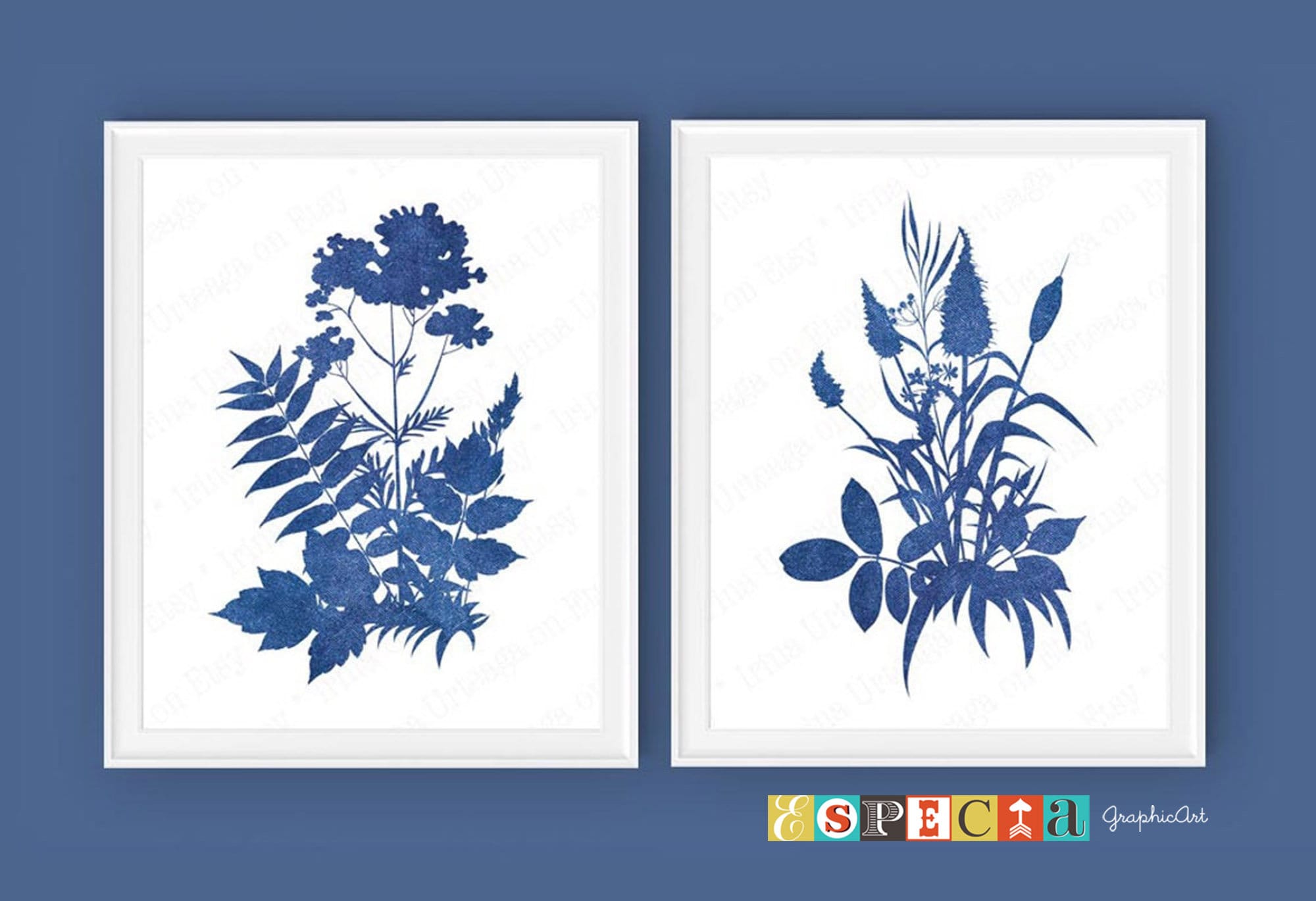 Navy Blue Botanical Prints set of 2 Printable Wall Art Indigo Etsy