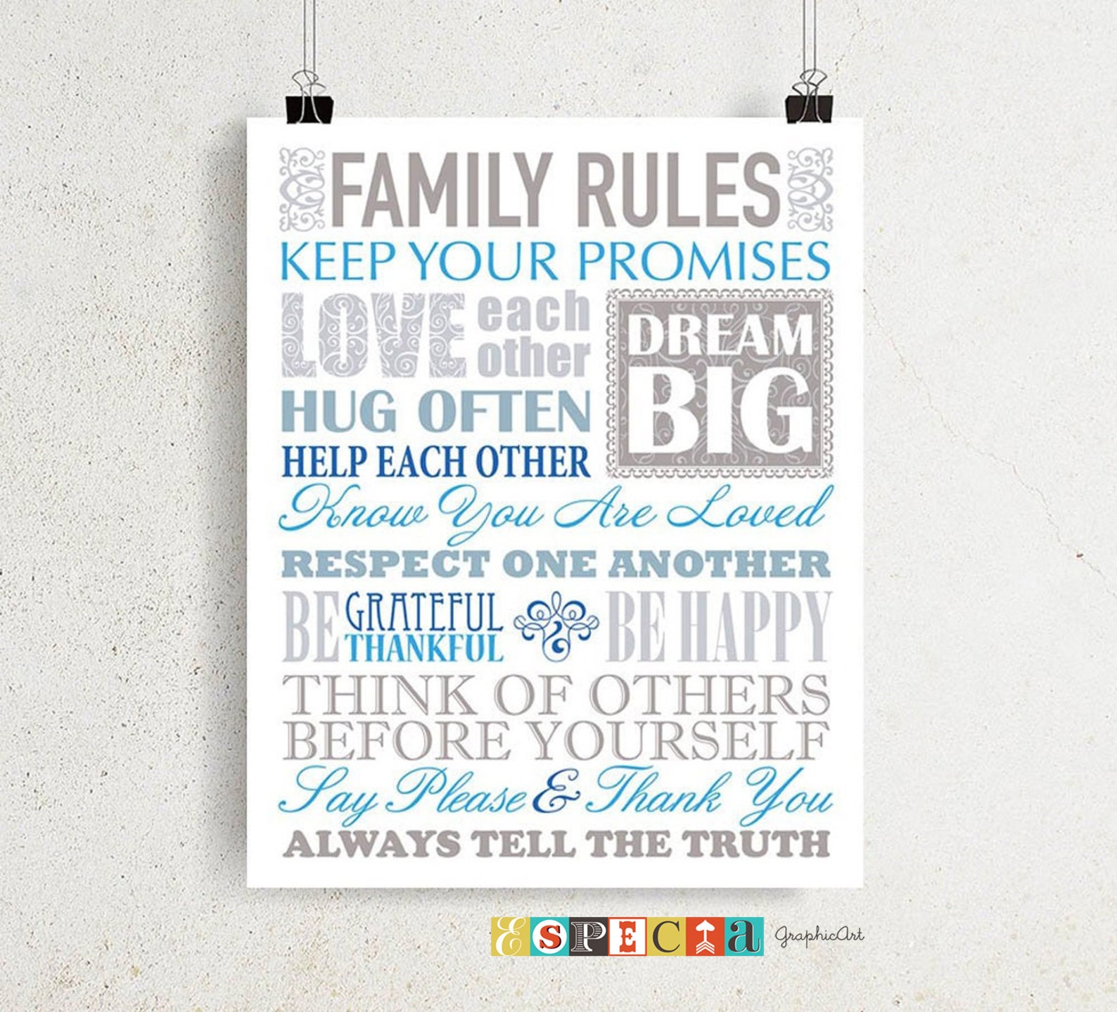 Family Rules Printable wall art DIY Blue and Gray home decor Etsy