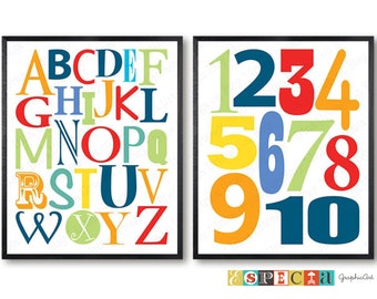 Afiches imprimibles del alfabeto ABC 123, impresiones artísticas descargables para decorar la habitación de un niño pequeño, el dormitorio o la sala de juegos, y áreas de juegos coloridas para niños