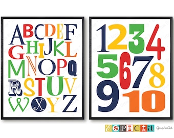 ABC y 123 imprimible arte digital alfabeto impresiones para niño niño sala de juegos, letras inglés niños aprendizaje, cartel del aula, arte preescolar