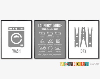 Laundry symbols printable wall art, set of 3 8x10 prints for DIY laundry room decor, washing care instructions Guide digital download poster