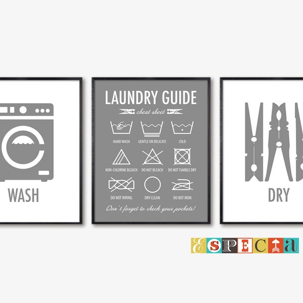 Laundry symbols printable wall art, set of 3 8x10 prints for DIY laundry room decor, washing care instructions Guide digital download poster