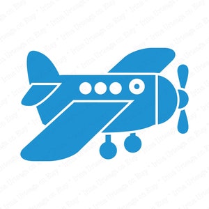 May include: A blue airplane silhouette with white windows and a propeller. The airplane is a simple design with rounded edges.