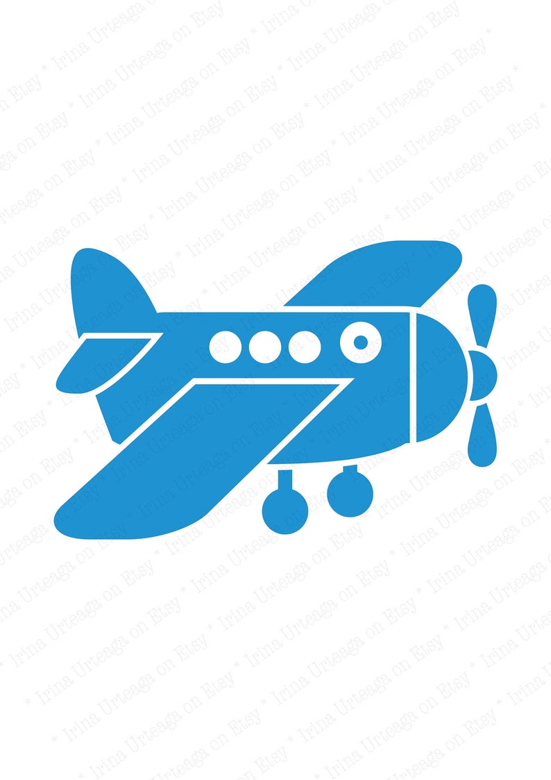 May include: A blue airplane silhouette with white windows and a propeller. The airplane is a simple design with rounded edges.