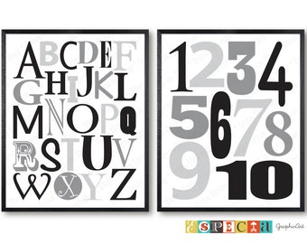 Juego de alfabeto de 2 impresiones, decoración de guardería moderna neutra, arte imprimible monocromo en blanco y negro, carteles ABC 123 para habitación infantil o área de juegos
