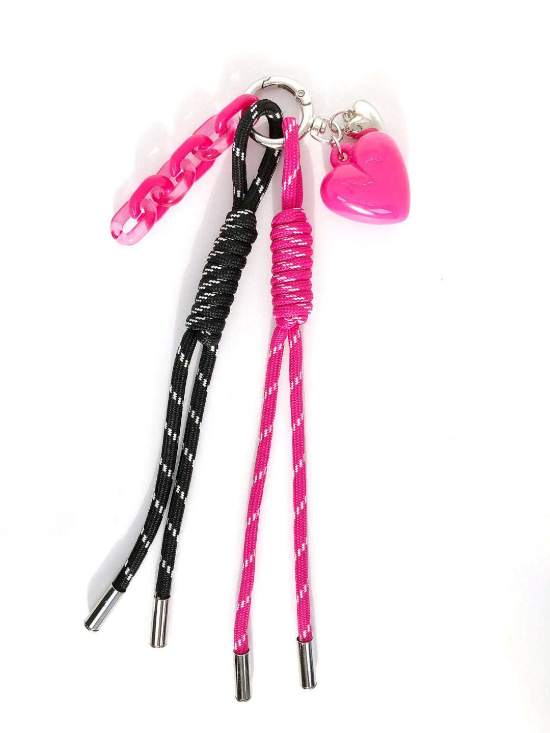Loop Key Rings Pink Rope Paracord Keychain: Black & Pink Rope Bag Charm With Resin Heart - Etsy