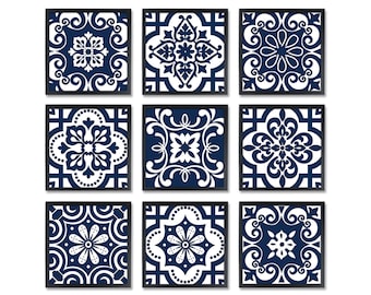 Blue digital tiles, PRINTABLE Navy and white geometric wall art prints, set of 9 8x8 modern indigo geometric posters, ornate wall decor, zip