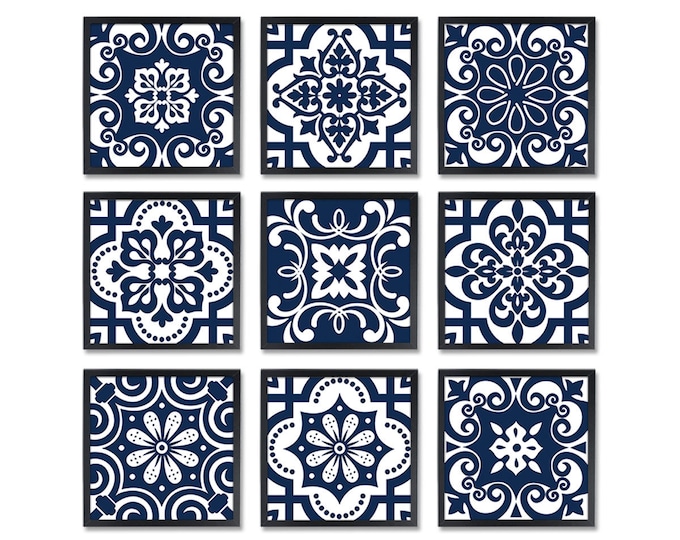 DIY Mosaic Tile Wall Art, PRINTABLE Navy Blue and White Geometric ...