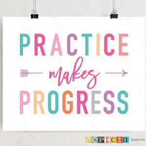 Practice makes progress Printable wall art print for DIY girl room decor, 8x10 11x14 digital download poster, homeschooling decor