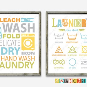 Laundry Symbols Printable wall art set of 2 8x10 prints, washing Instructions for DIY utility room decor, wash fold dry Digital downloads