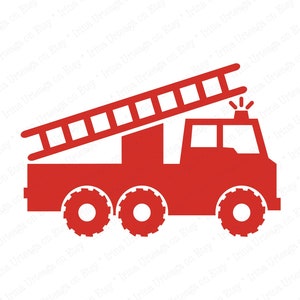 May include: A red fire engine with a ladder extended. The engine has a flashing light on top and three large wheels.