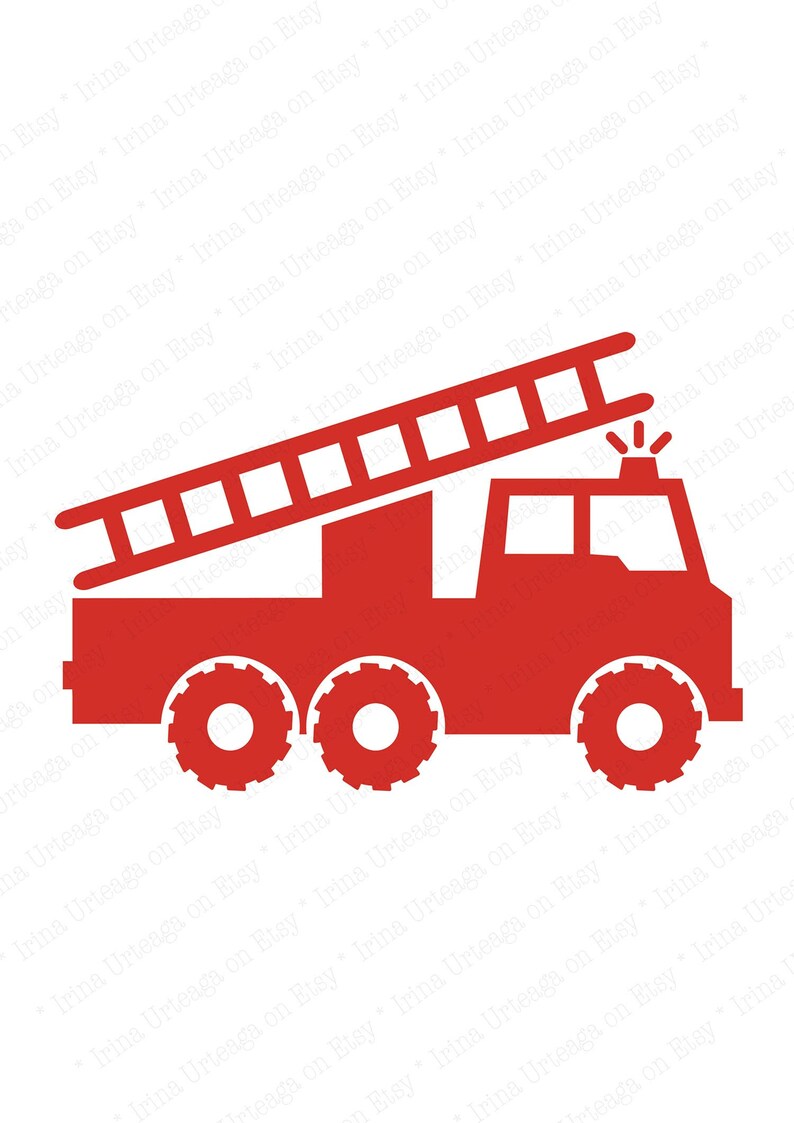 May include: A red fire engine with a ladder extended. The engine has a flashing light on top and three large wheels.