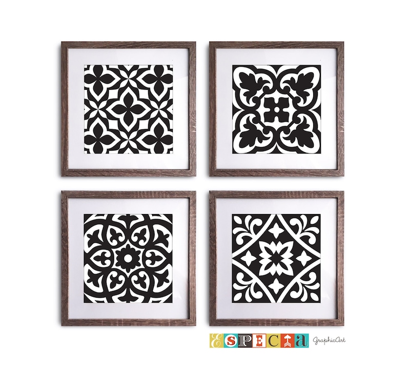 Black White Tiles printable wall art set of 4 8x8 Geometric | Etsy