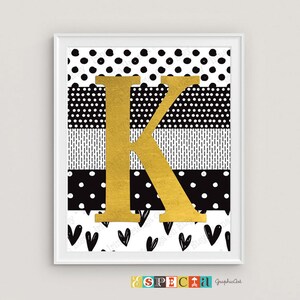 Carta K Nombre signo inicial PRINTABLE arte, 8x10 11x14 monograma cartel personalizado arte, decoración de pared de papel de aluminio de imitación, amarillo mostaza y negro imagen 4