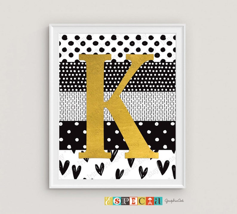 Carta K Nombre signo inicial PRINTABLE arte, 8x10 11x14 monograma cartel personalizado arte, decoración de pared de papel de aluminio de imitación, amarillo mostaza y negro imagen 4