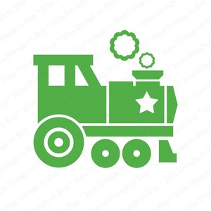 May include: A green toy train with a star on the side and three wheels. The train is emitting smoke from the top.