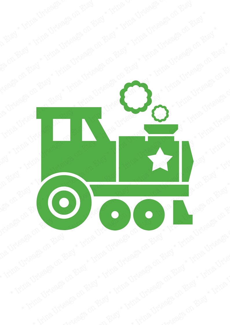 May include: A green toy train with a star on the side and three wheels. The train is emitting smoke from the top.