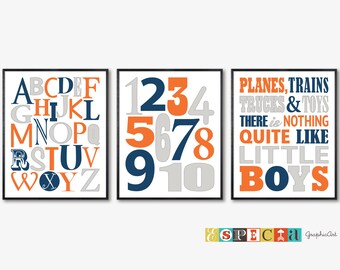 Azul marino gris y naranja ABCs alfabeto conjunto de 3 impresiones para niño niño niño de niño, decoración de la habitación para niños PRINTABLE, aviones trenes camiones citan arte